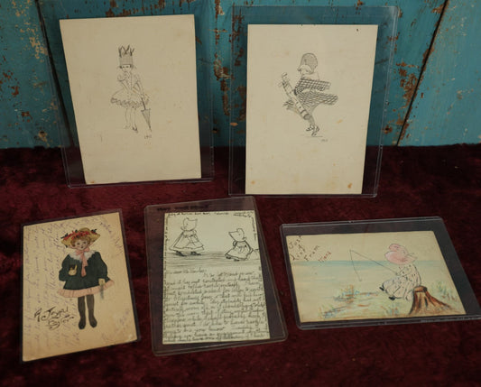 Lot 074 - Grouping Of Five Hand Drawn And Painted Postcards And Scraps, Of Women And Girls, 1900 - 1911