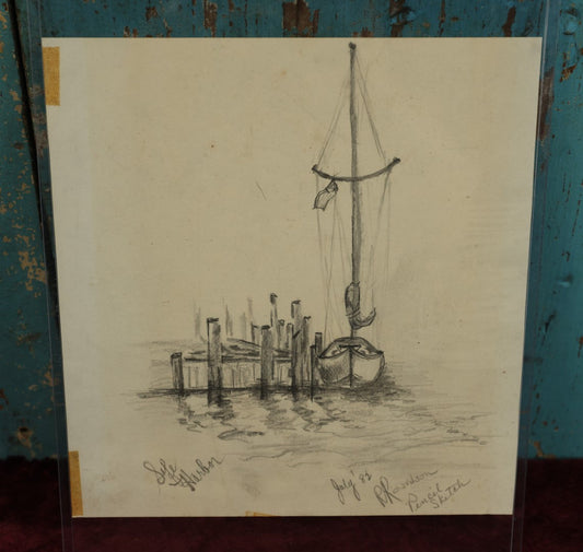 Lot 077 - Single Hand Drawn Pencil Sketch Of Harbor Scene, Sail Boat, Lake Harbor, July 1882, R. Richardson Signed