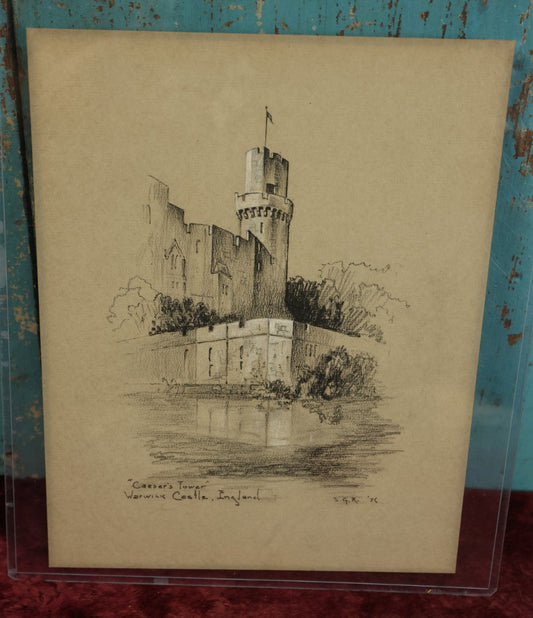 Lot 078 - Antique Hand Drawn Crayon Painting, "Caesar's Tower," Warwish Castle, England, Signed S.G.R. 1936