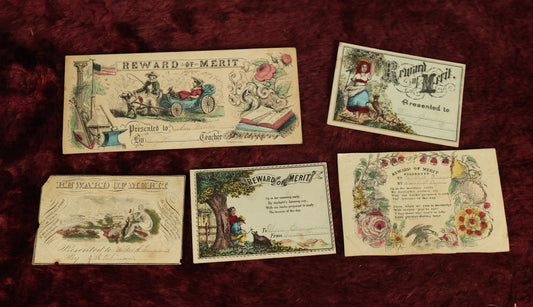 Lot 079 - Grouping Of Five Hand Colored Lithographed Rewards Of Merit, Late 19th Century