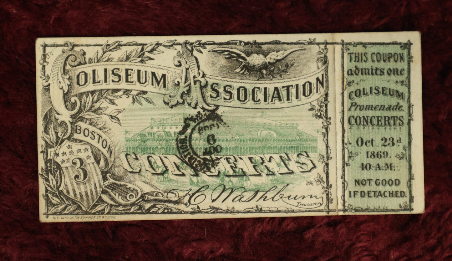 Lot 084 - Single Ephemera Piece, Lithographed Ticket From The Coliseum Association, Boston, For October 23Rd, 1869, Early Concert Ticket