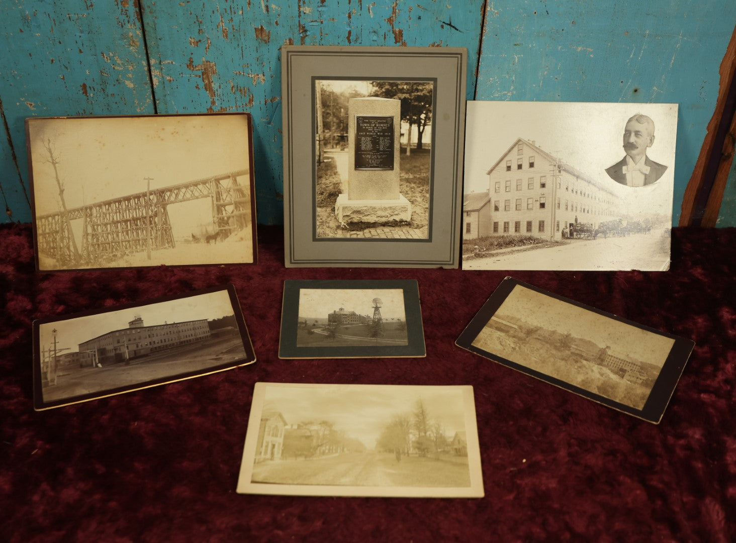 Lot 093 - Grouping Of Seven Boarded Photos Of Industrial And Railroad Buildings And Features, Railroad Bridge, Factories, Windmill, And More