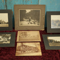 Lot 096 - Grouping Of Seven Boarded Photos Of Outdoor Scenes And Buildings, Homes, Including Family At River, Gardens, Mansion, And More