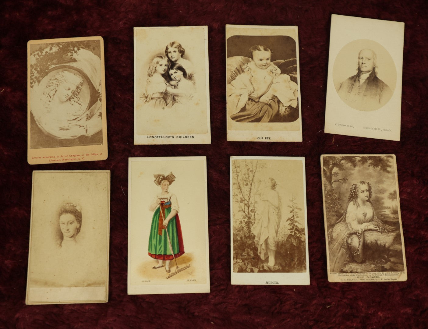 Lot 099 - Grouping Of Eight Antique Carte De Visite C.D.V. Album "Filler" Cards, Illustrated Including Longfellow's Children, Our Pet, And Aurora