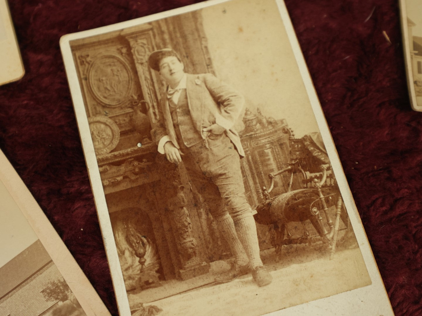 Lot 100 - Grouping Of Seven Cabinet Card Photographs, Including Possible Actress, Public Library, Dapper Gent, And Daniel Webster Statue