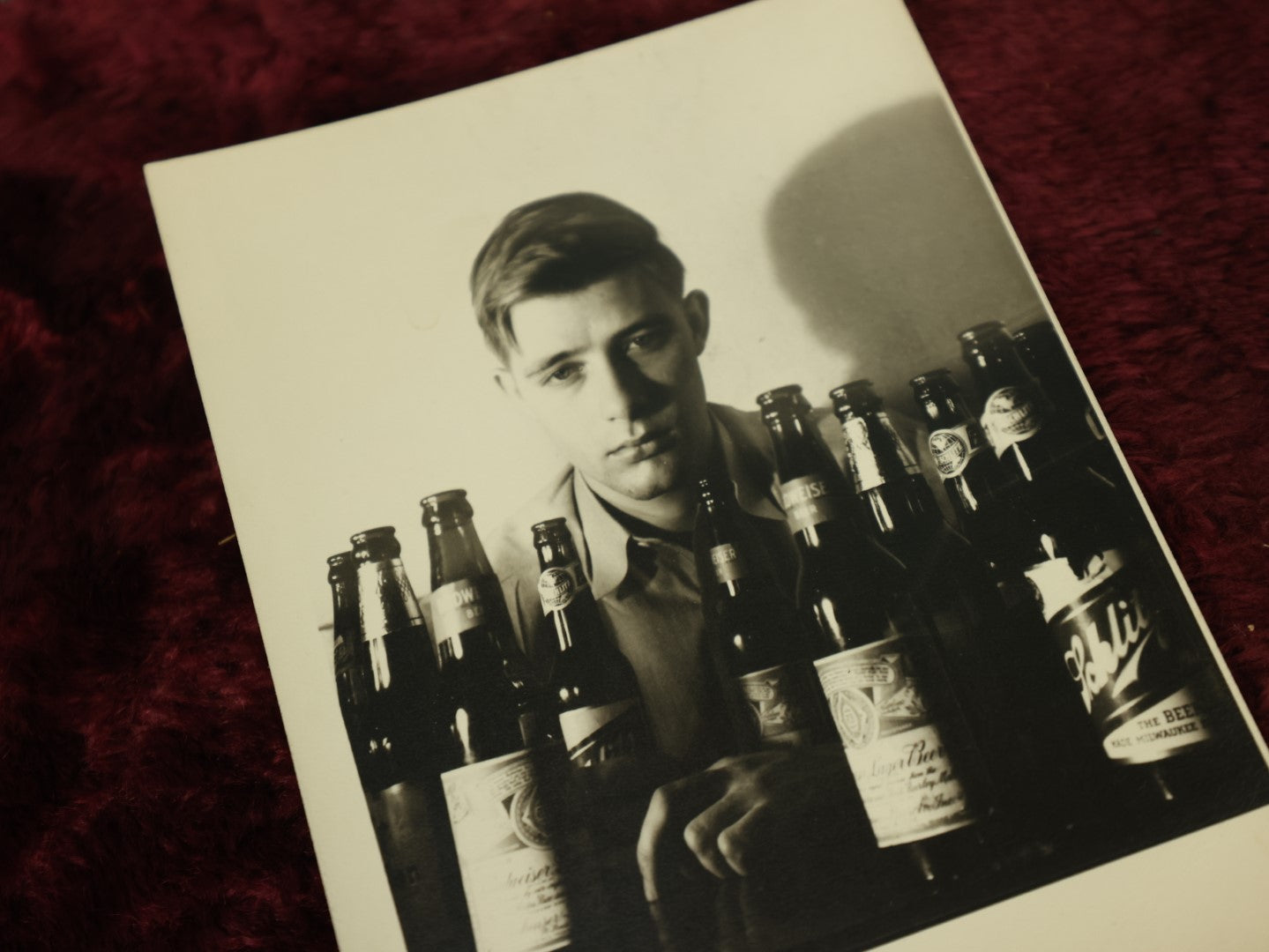 Lot 102 - Grouping Of Three Photos Of Roger Marek, "A Boozer In Every Sense," Strange Black-And-White Snapshot Photos Of Young Man With Beer With History Typed On Back