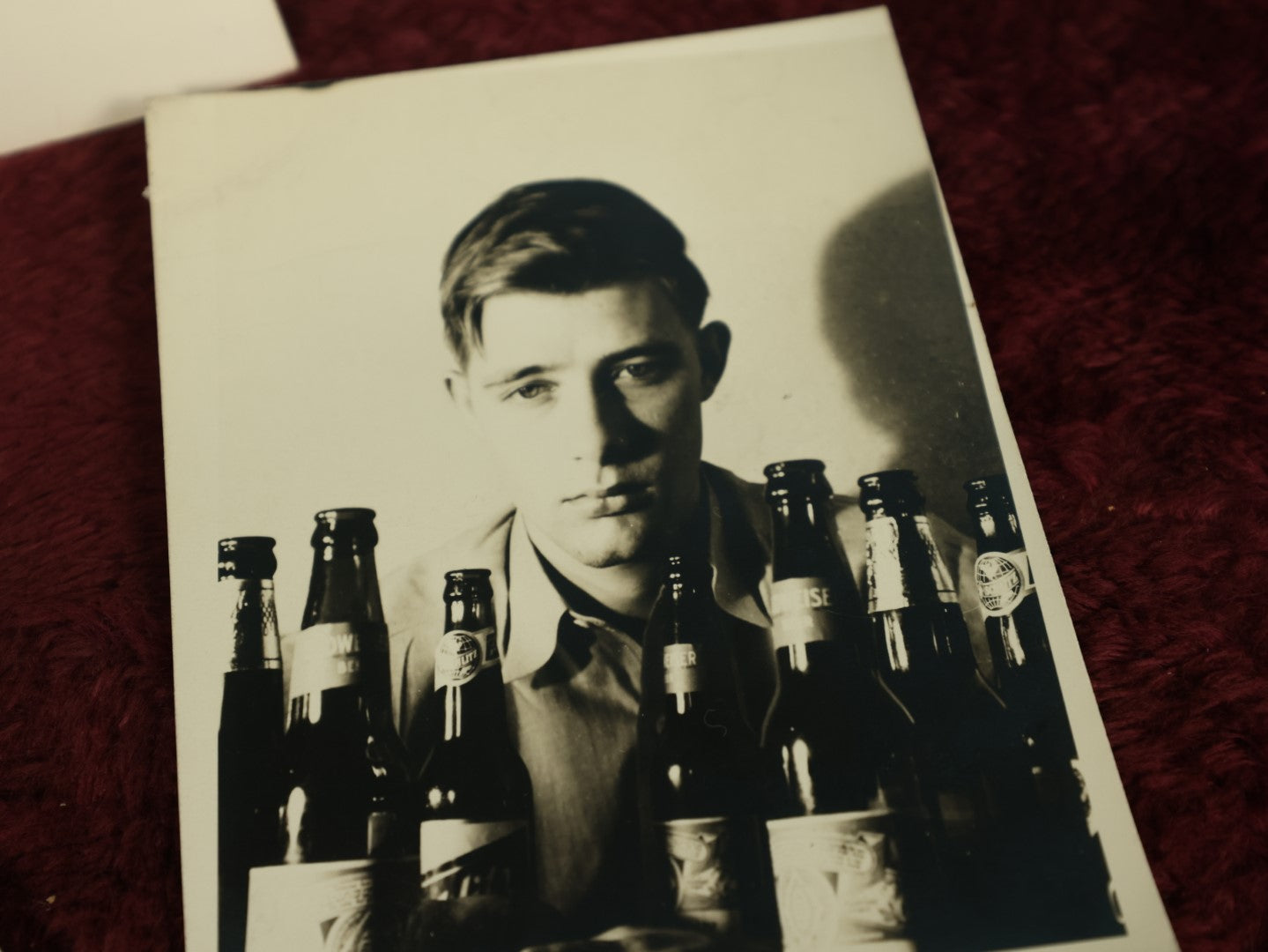 Lot 102 - Grouping Of Three Photos Of Roger Marek, "A Boozer In Every Sense," Strange Black-And-White Snapshot Photos Of Young Man With Beer With History Typed On Back