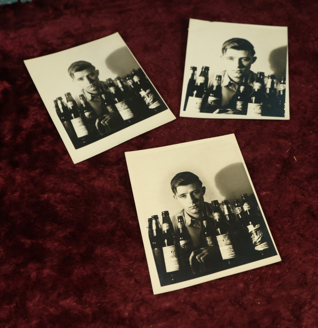 Lot 102 - Grouping Of Three Photos Of Roger Marek, "A Boozer In Every Sense," Strange Black-And-White Snapshot Photos Of Young Man With Beer With History Typed On Back