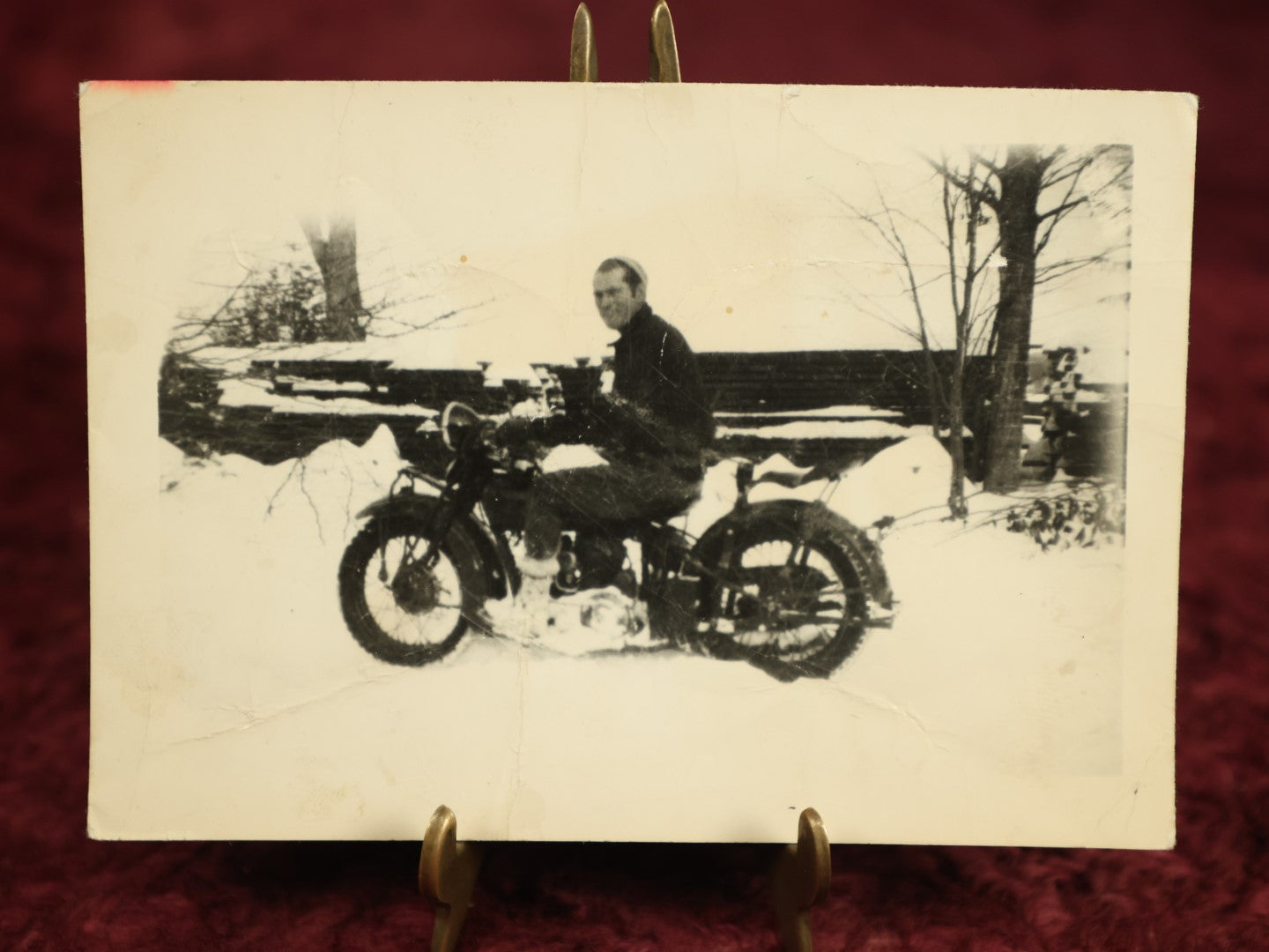 Lot 114 - Single Snapshot Photo, Man On Motorcycle In Winter