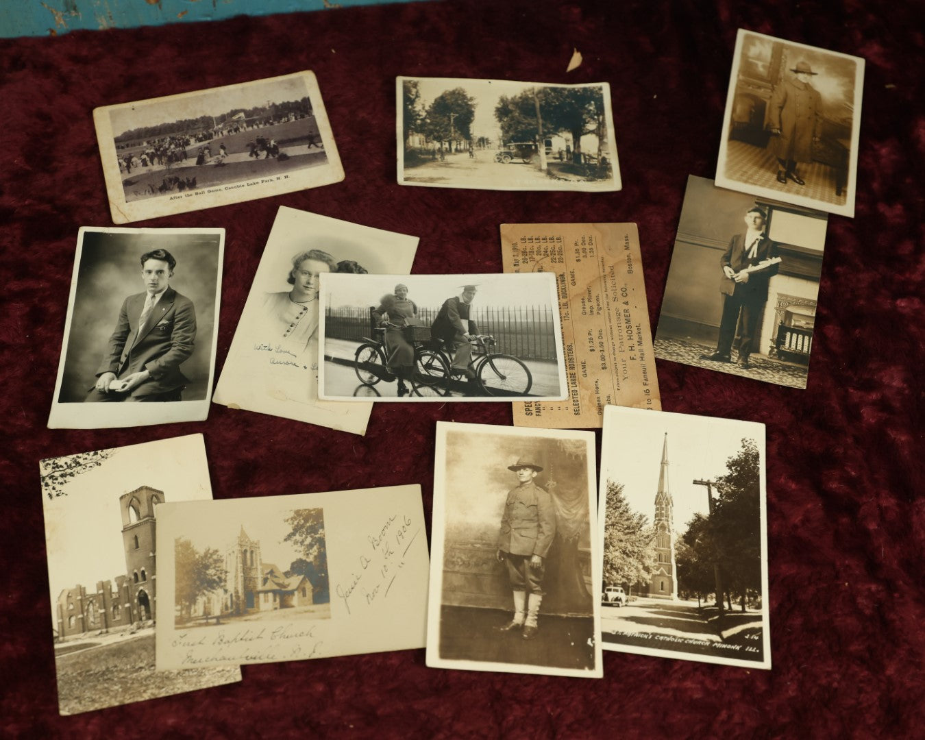 Lot 117 - Snapshot Grouping And Postcard R.P.P.C. Grouping, 12 Photos Including People On Bike, Churches, Soldier, And Early Canobie Lake Park Postcard, New Hampshire