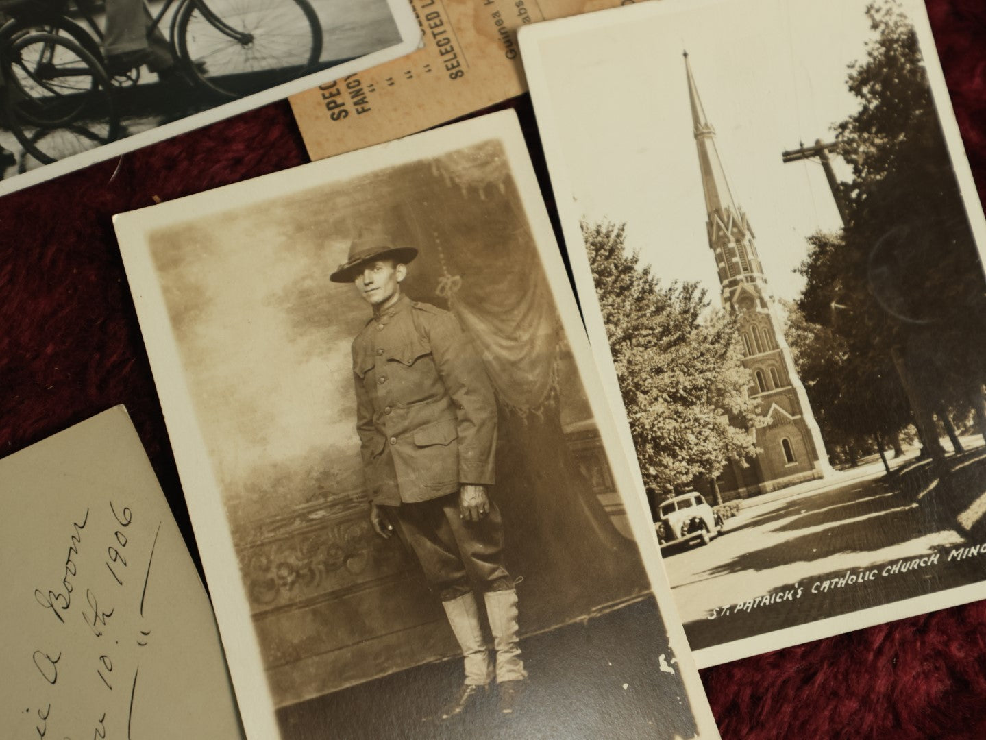 Lot 117 - Snapshot Grouping And Postcard R.P.P.C. Grouping, 12 Photos Including People On Bike, Churches, Soldier, And Early Canobie Lake Park Postcard, New Hampshire