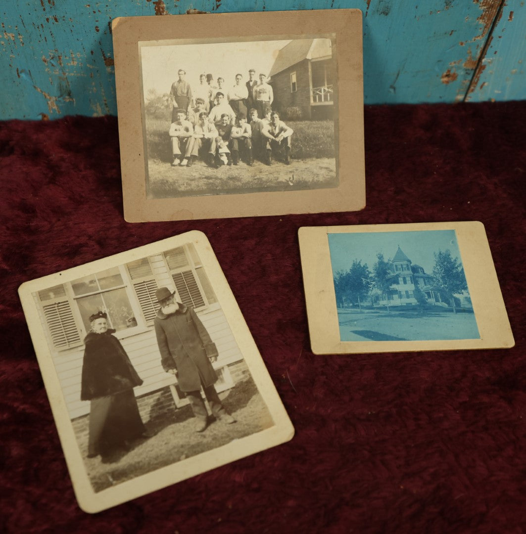 Lot 118 - Boarded Photo Grouping, Three Photos, One Depicting Sports Team Or Fraternity, Group Of Sixteen Men, A Cyanotype Of A House, And An Elderly Couple