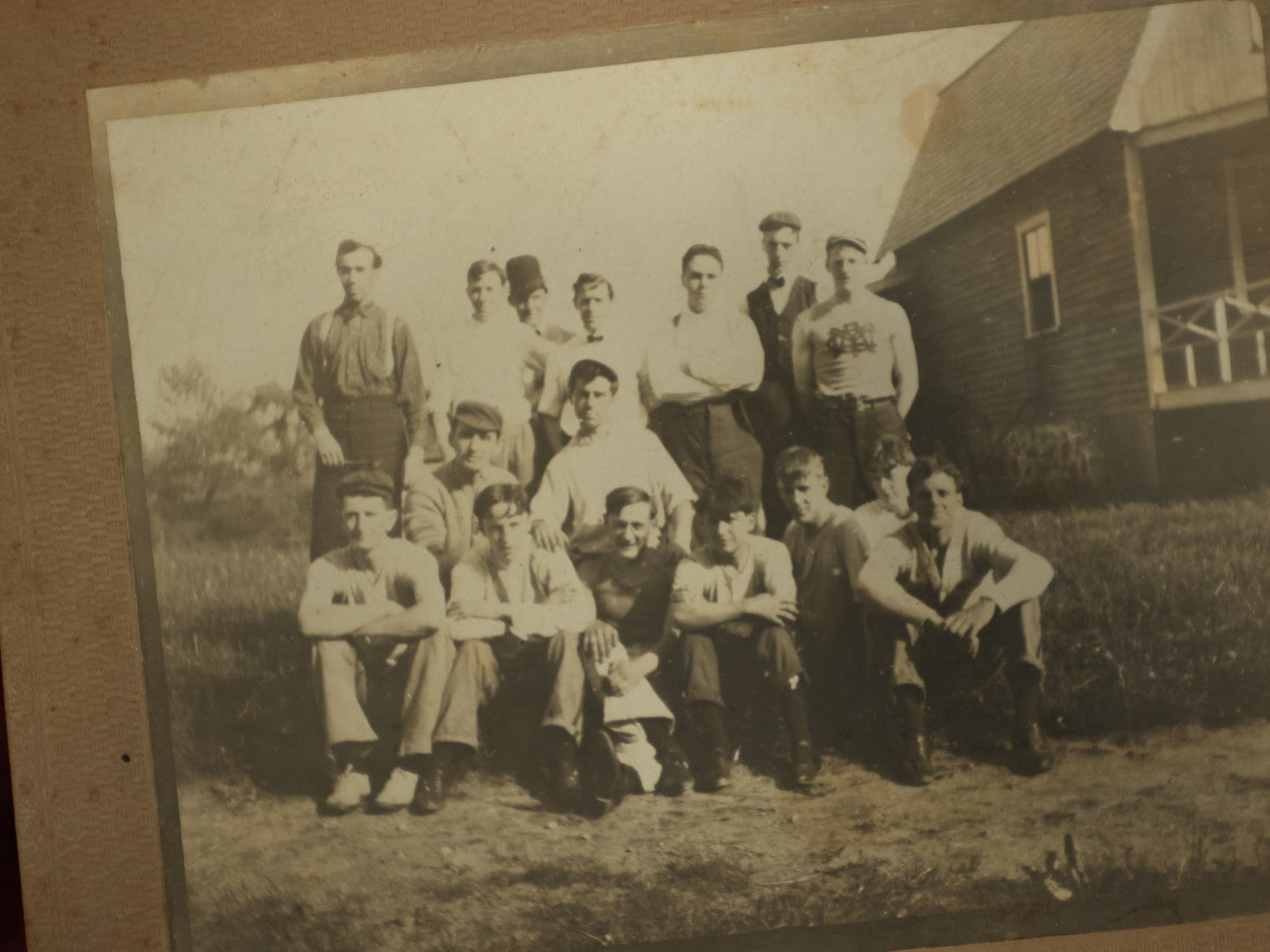 Lot 118 - Boarded Photo Grouping, Three Photos, One Depicting Sports Team Or Fraternity, Group Of Sixteen Men, A Cyanotype Of A House, And An Elderly Couple