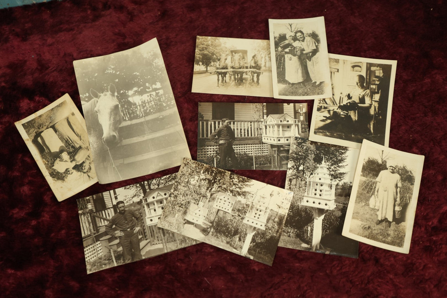 Lot 122 - Snapshot Grouping, Ten Occupational Photos Including Milk Maids, Horses, Gunsmith, Bird House Maker