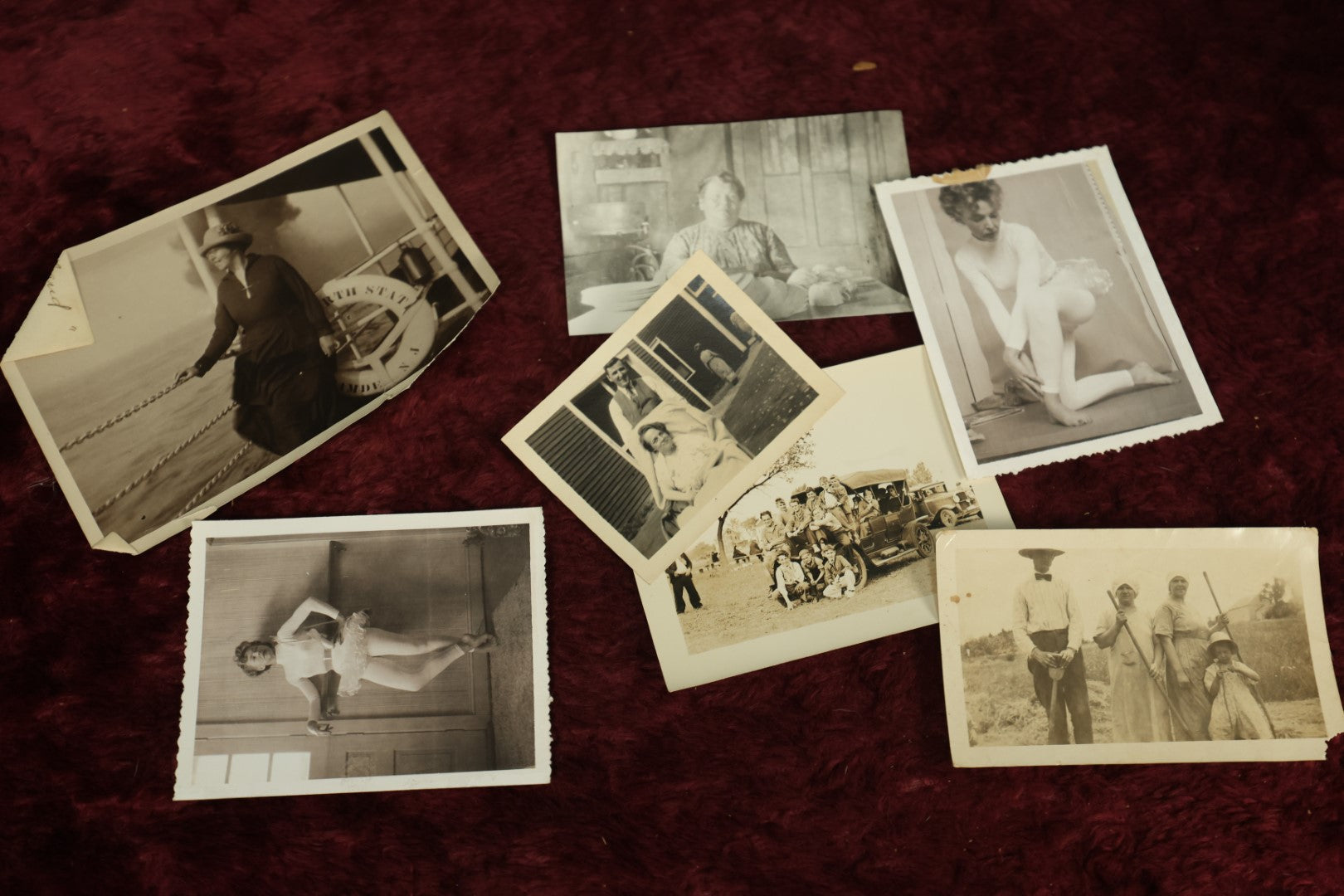 Lot 123 - Snapshot Grouping, Seven Photos, Woman Dancer, Woman On Boat, People In Front Of Car, And More