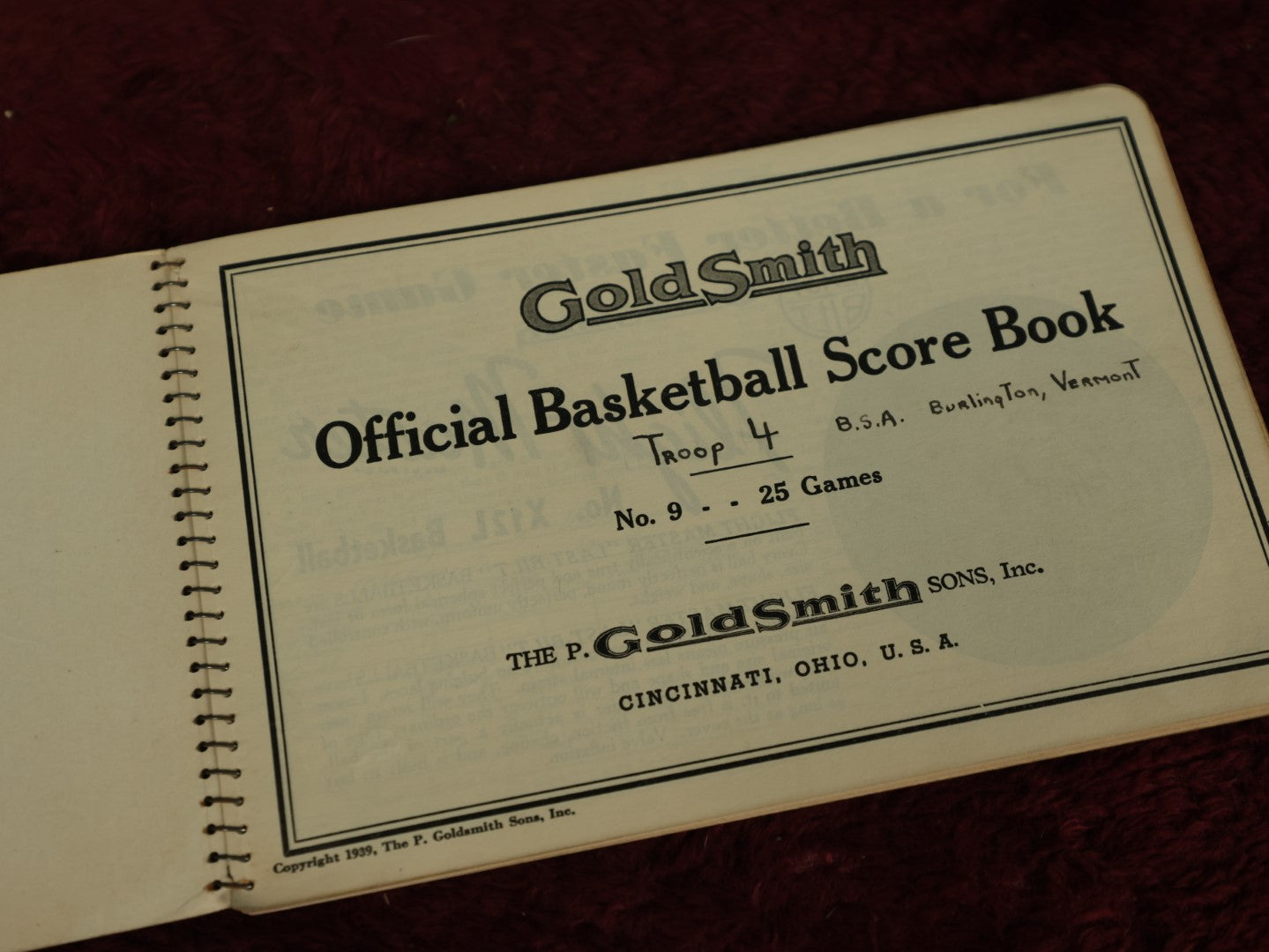 Lot 129 - Single Ephemera Booklet, Gold Smith Official Basketball Score Book, No. 9, 25 Games, Cincinnati, Ohio, Used By Boy Scout Troop 4, Burlington, Vermont, Mostly Empty, Copyright 1939