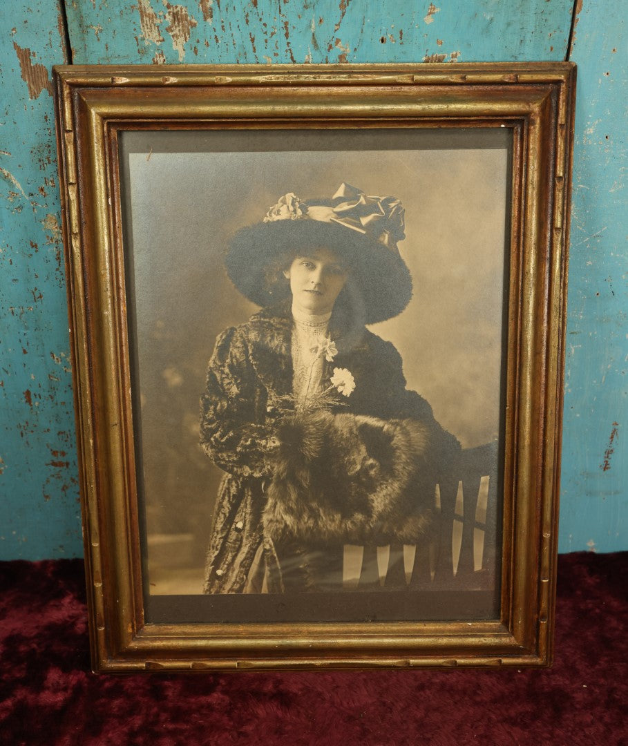 Lot 136 - Antique Framed Boarded Photo Of Extravagantly Dressed Woman In Large Hat, Fur Muff, Modern Framing