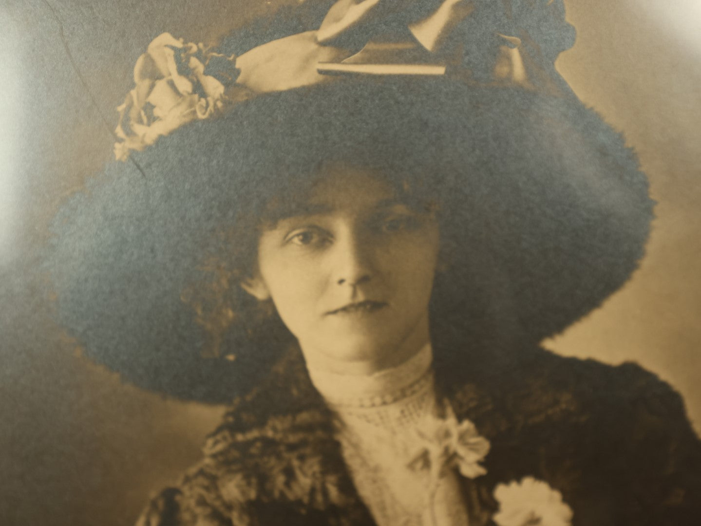 Lot 136 - Antique Framed Boarded Photo Of Extravagantly Dressed Woman In Large Hat, Fur Muff, Modern Framing