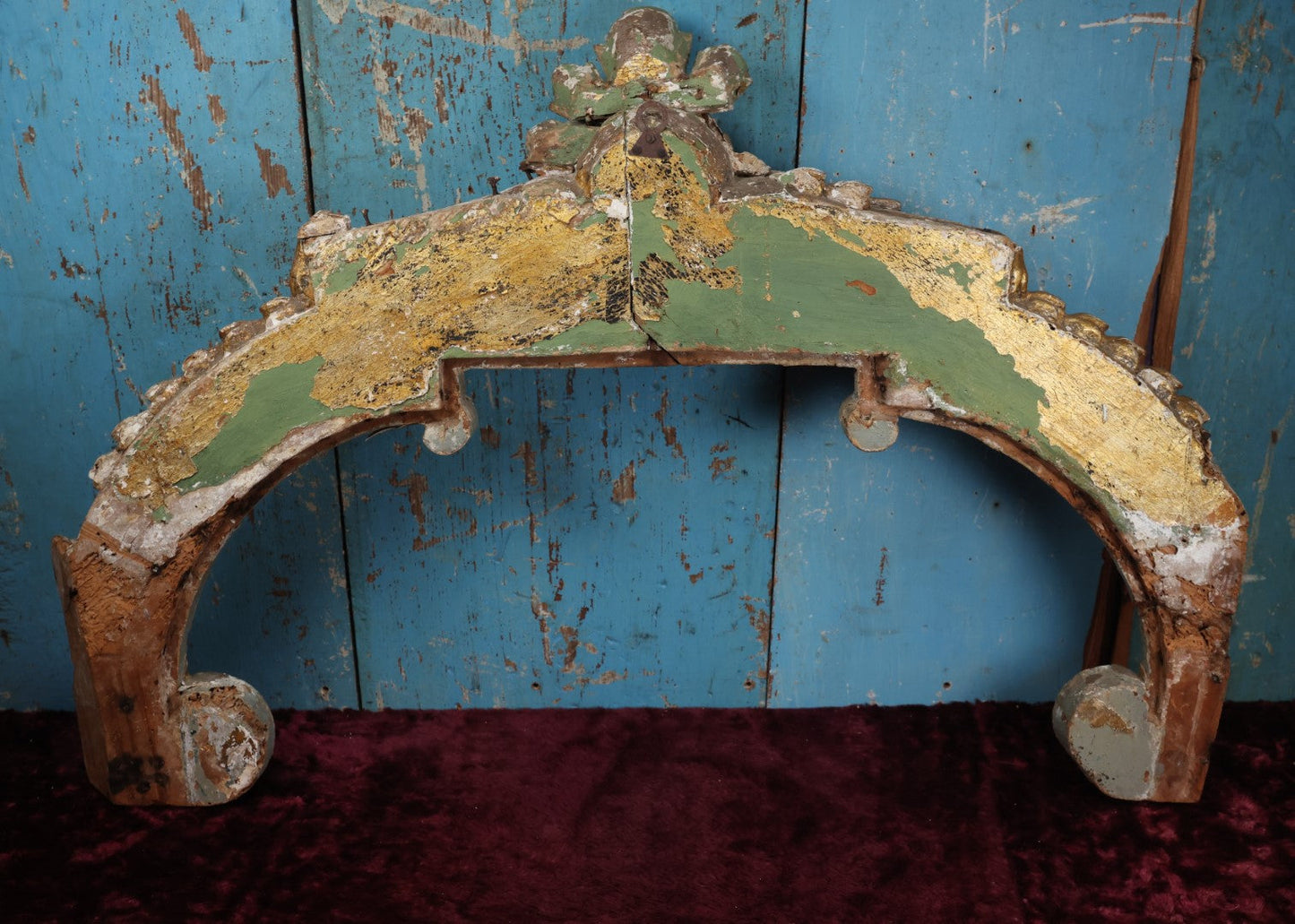 Lot 001 - Antique Late Baroque / Early Rococo Gilded Pediment Architectural Salvage With Cherub Motif, Note Heavy Chipping And Wear In Paint And Wood