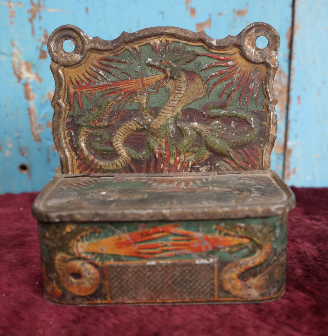 Lot 006 - Antique Tin Lithographed Match Box Safe And Strike With Fire Breathing Dragons And Serpents Motif, Wall Mountable