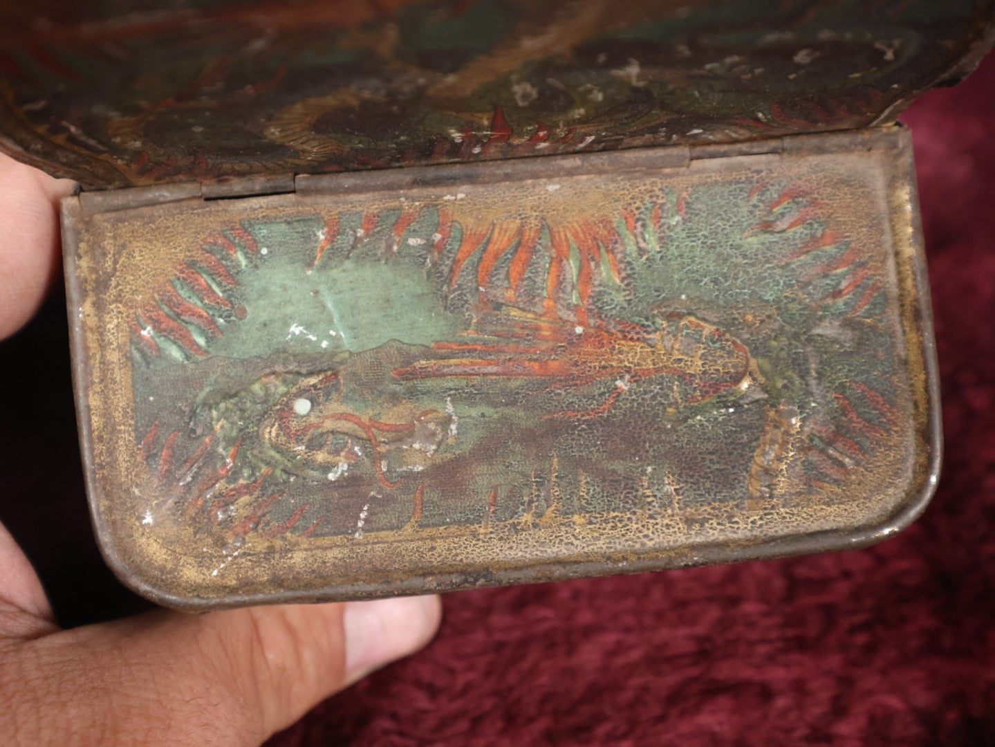 Lot 006 - Antique Tin Lithographed Match Box Safe And Strike With Fire Breathing Dragons And Serpents Motif, Wall Mountable