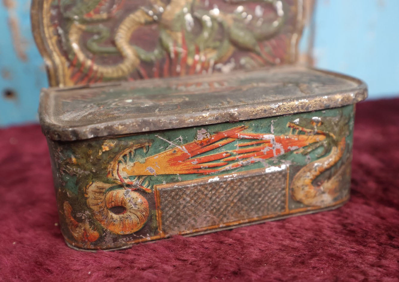 Lot 006 - Antique Tin Lithographed Match Box Safe And Strike With Fire Breathing Dragons And Serpents Motif, Wall Mountable