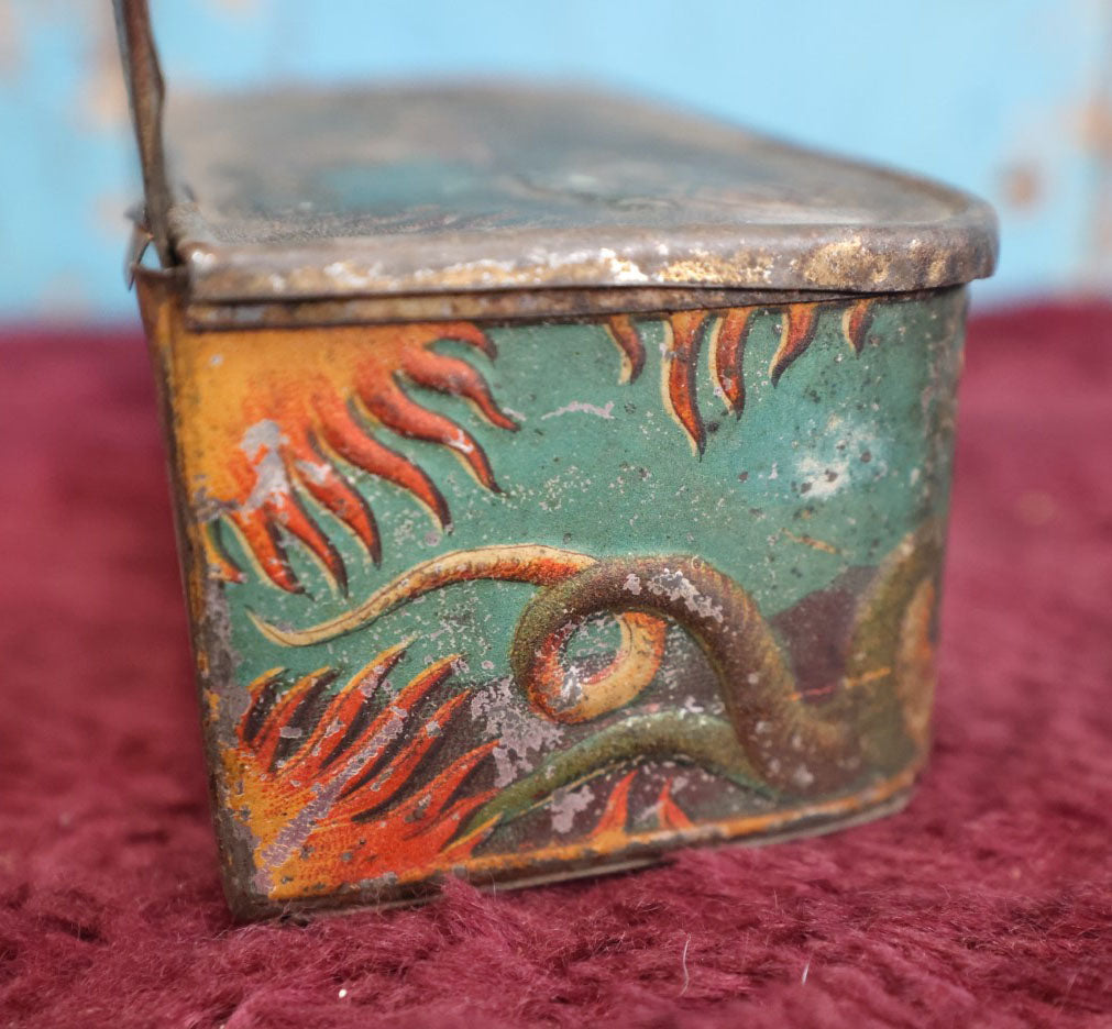 Lot 006 - Antique Tin Lithographed Match Box Safe And Strike With Fire Breathing Dragons And Serpents Motif, Wall Mountable