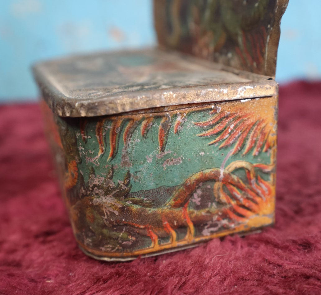 Lot 006 - Antique Tin Lithographed Match Box Safe And Strike With Fire Breathing Dragons And Serpents Motif, Wall Mountable