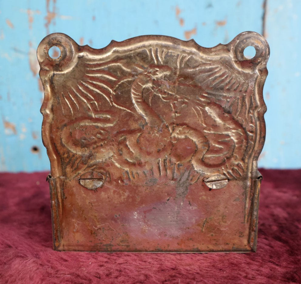 Lot 006 - Antique Tin Lithographed Match Box Safe And Strike With Fire Breathing Dragons And Serpents Motif, Wall Mountable