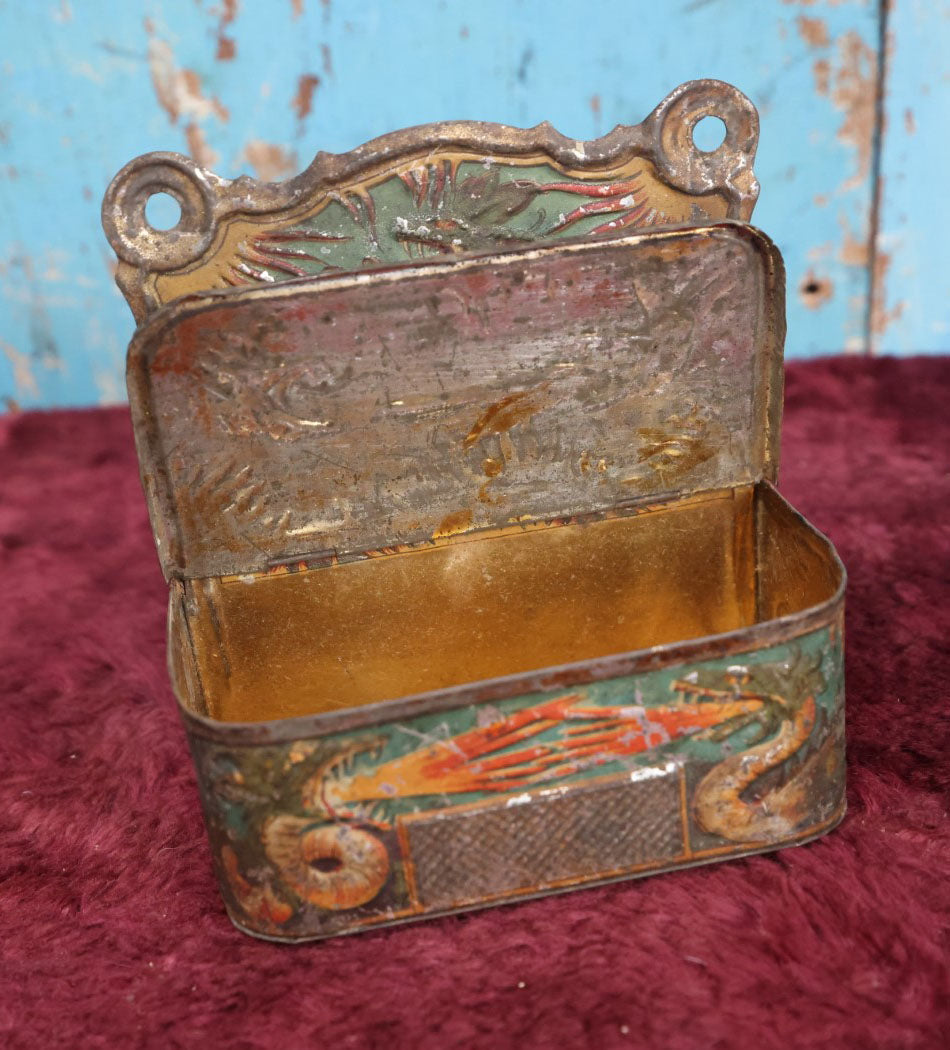 Lot 006 - Antique Tin Lithographed Match Box Safe And Strike With Fire Breathing Dragons And Serpents Motif, Wall Mountable