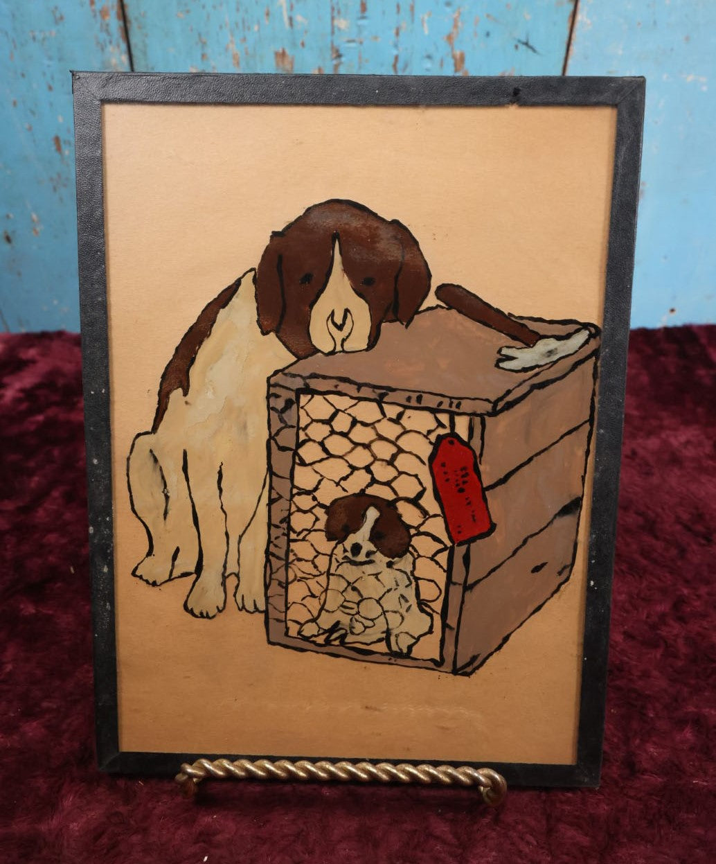 Lot 123 - Novice Unframed Reverse Painting On Glass Of Dog And Puppy In Cage