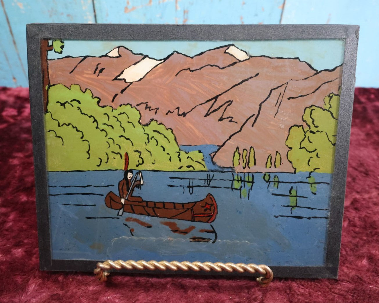 Lot 124 - Novice Unframed Reverse Painting On Glass Of Native American Woman In Canoe