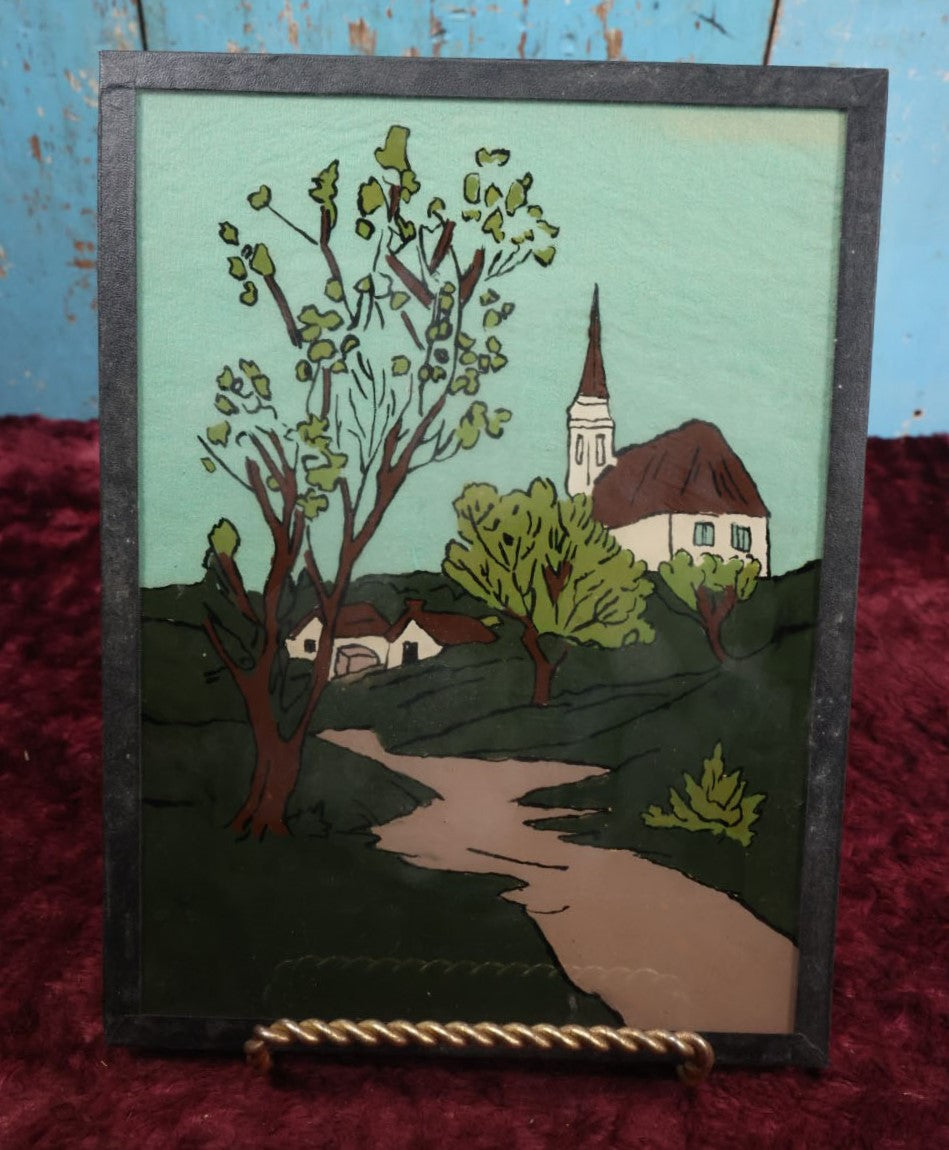 Lot 125 - Novice Unframed Reverse Painting On Glass Of Country Church Scene