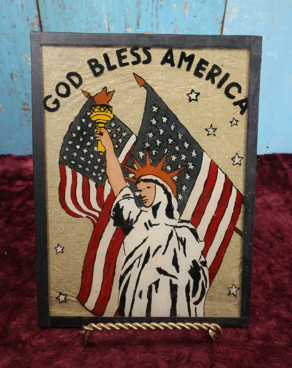 Lot 126 - Novice Unframed Reverse Painting On Glass, "God Bless America" With Flags And Statue Of Liberty