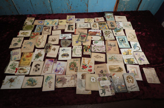 Lot 127 - Massive Collection Of 65+ Antique And Vintage Greeting Cards, Various Holidays, Including Forget Me Nots, Celluloid Cards, Cats, Santa And More