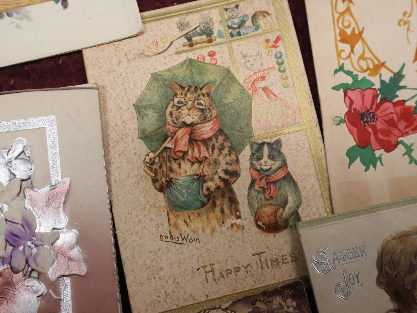 Lot 127 - Massive Collection Of 65+ Antique And Vintage Greeting Cards, Various Holidays, Including Forget Me Nots, Celluloid Cards, Cats, Santa And More