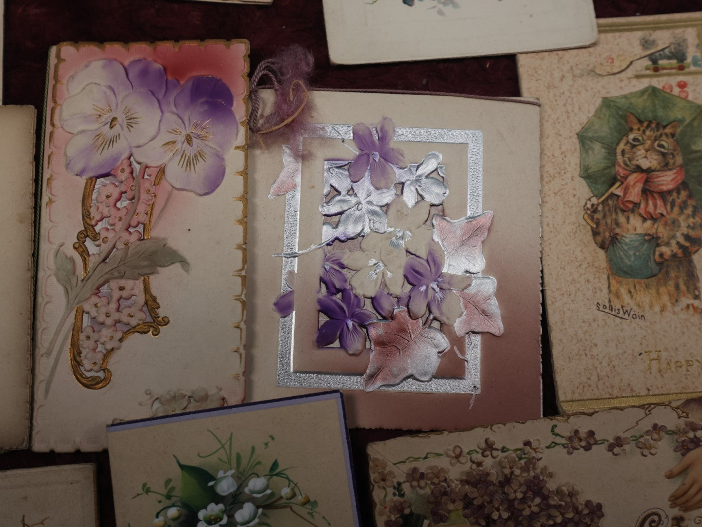 Lot 127 - Massive Collection Of 65+ Antique And Vintage Greeting Cards, Various Holidays, Including Forget Me Nots, Celluloid Cards, Cats, Santa And More