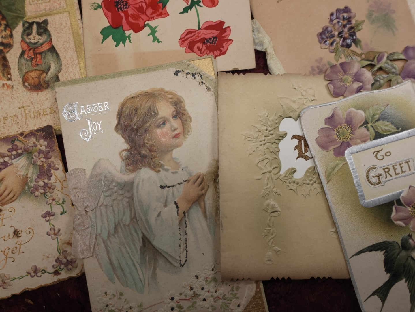 Lot 127 - Massive Collection Of 65+ Antique And Vintage Greeting Cards, Various Holidays, Including Forget Me Nots, Celluloid Cards, Cats, Santa And More