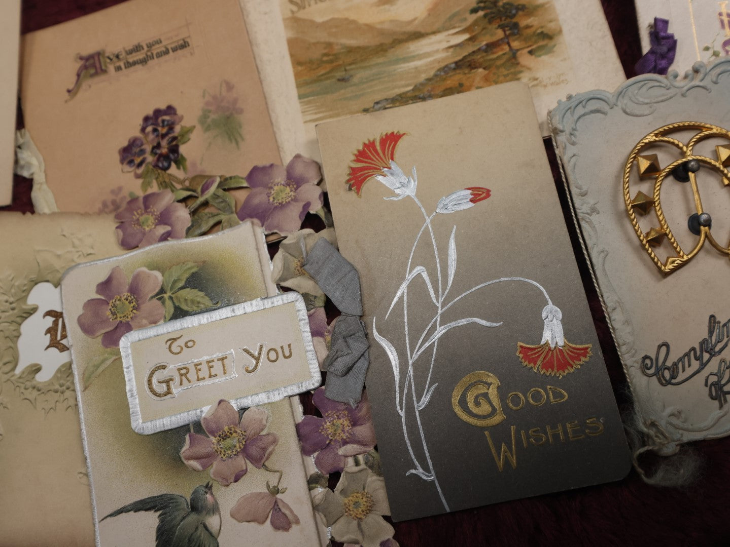 Lot 127 - Massive Collection Of 65+ Antique And Vintage Greeting Cards, Various Holidays, Including Forget Me Nots, Celluloid Cards, Cats, Santa And More