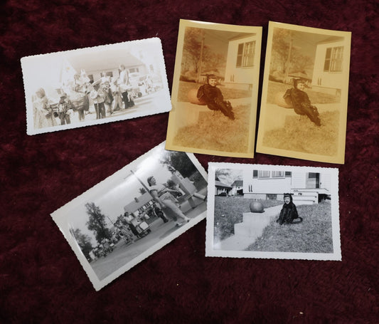 Lot 128 - Grouping Of Five Vintage Halloween Snapshot Photos Including Boy In Bat Costume, Trick Or Treaters