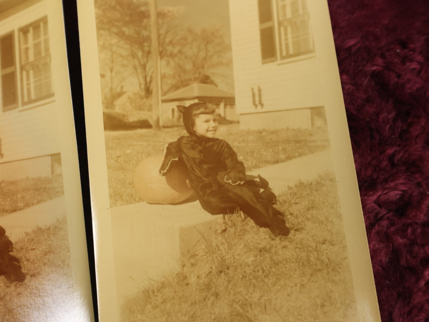 Lot 128 - Grouping Of Five Vintage Halloween Snapshot Photos Including Boy In Bat Costume, Trick Or Treaters