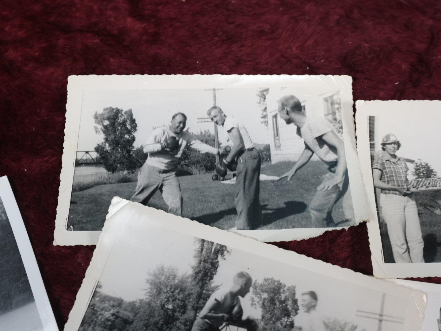 Lot 129 - Grouping Of Twenty Plus Fun Vintage Snapshot Photos, Mostly Of Men And Boys Being Men, Boxing, Fishing, Shooting, Swimming, Golfing, Plus Cool Double Exposure Photo