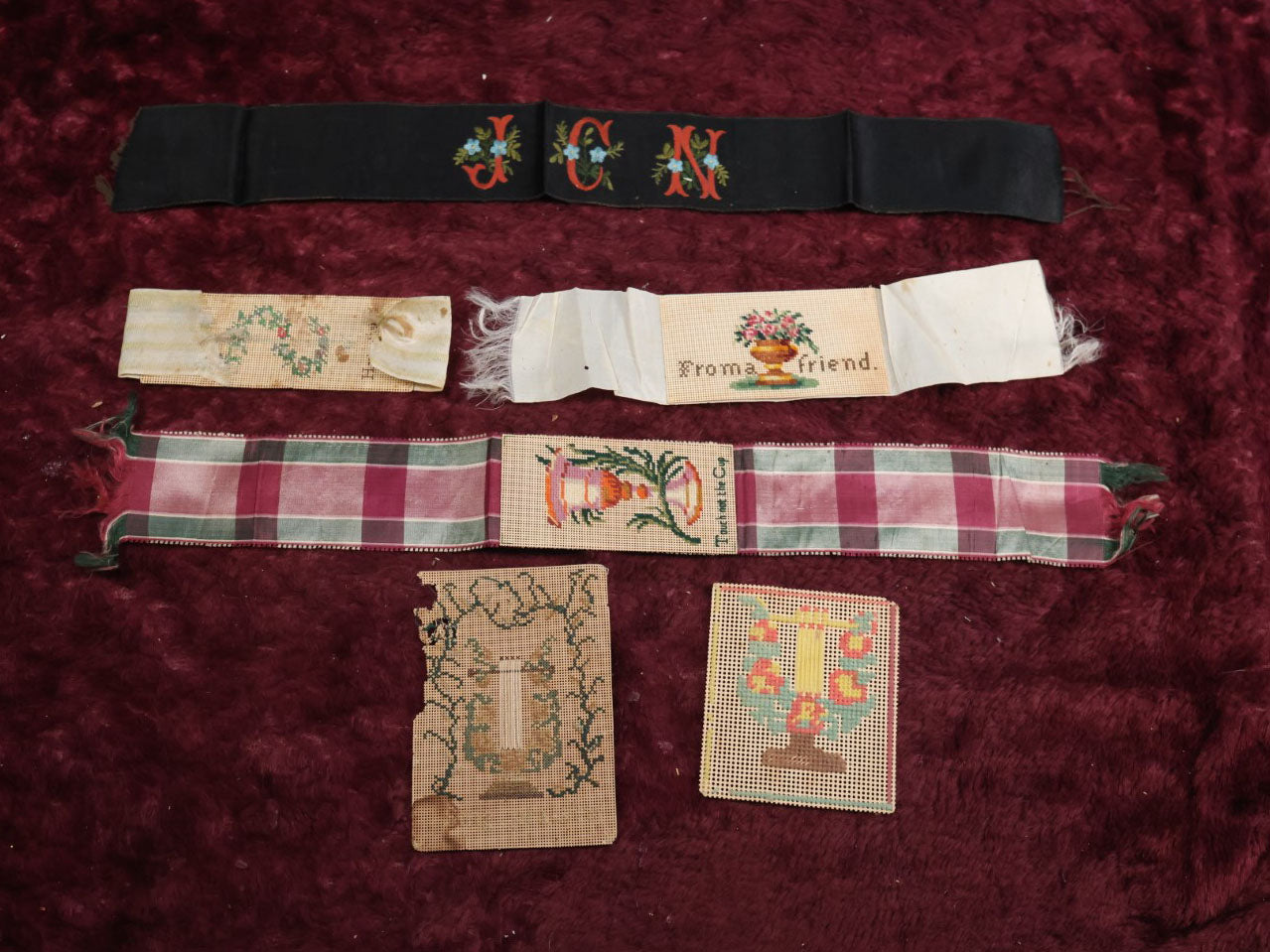 Lot 130 - Grouping Of Six Antique Punchwork Embroidered Bookmarks Including From A Friend, Touch Not Thy Cup, And More, Various Condition