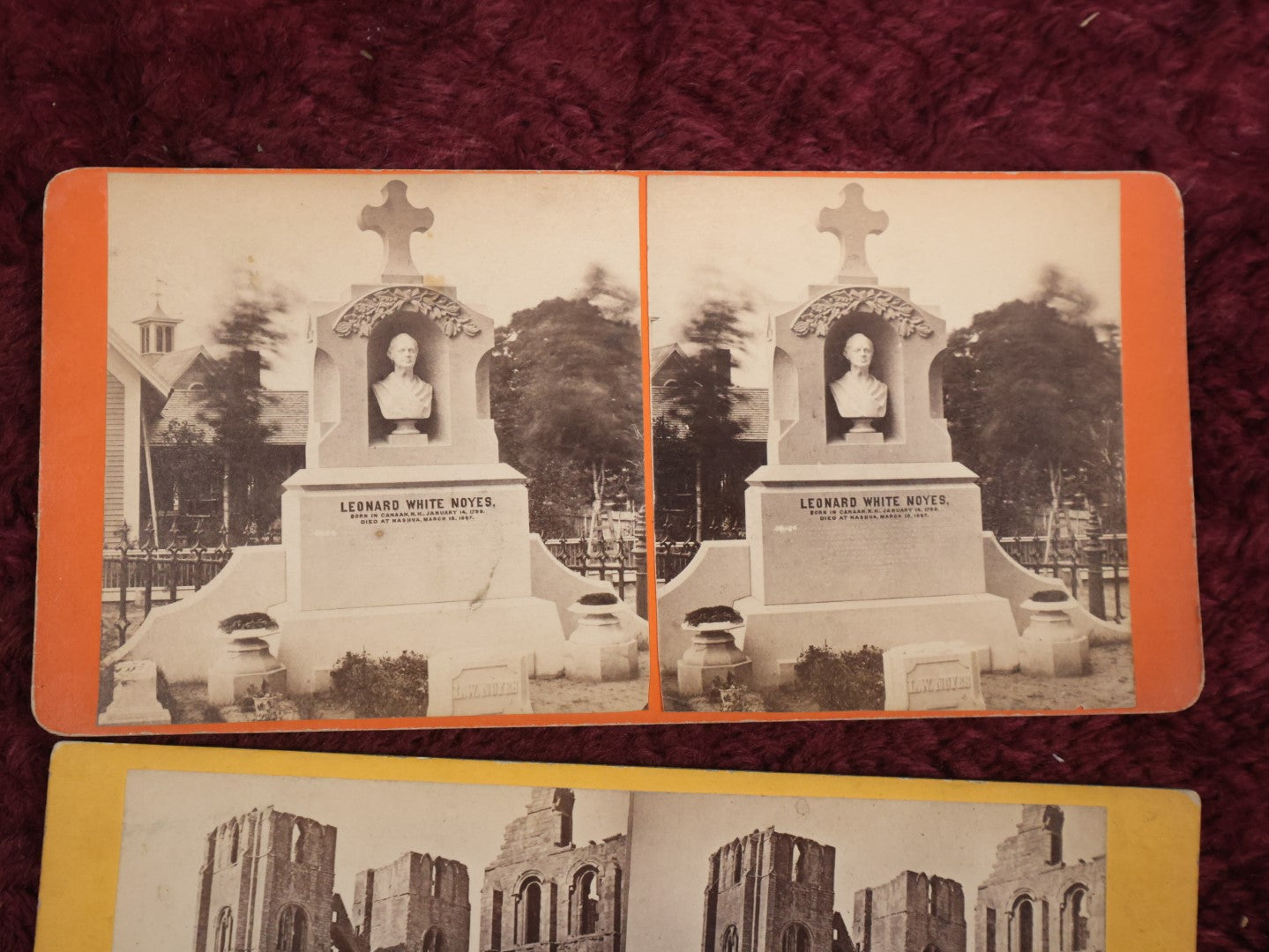 Lot 132 - Grouping Of Three Antique Stereo Cards Of Cemeteries, Including Nashua, New Hampshire, The Leonard White Noyes Grave, And Elgin Cathedral