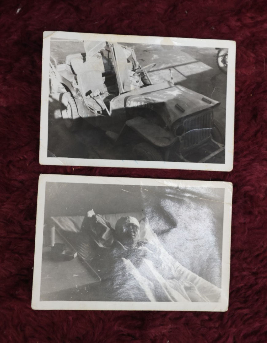 Lot 133 - Pair Of World War 2 Era Vintage Snapshot Photos Of Soldier In Hospital Bed After Jeep Crash, With Story