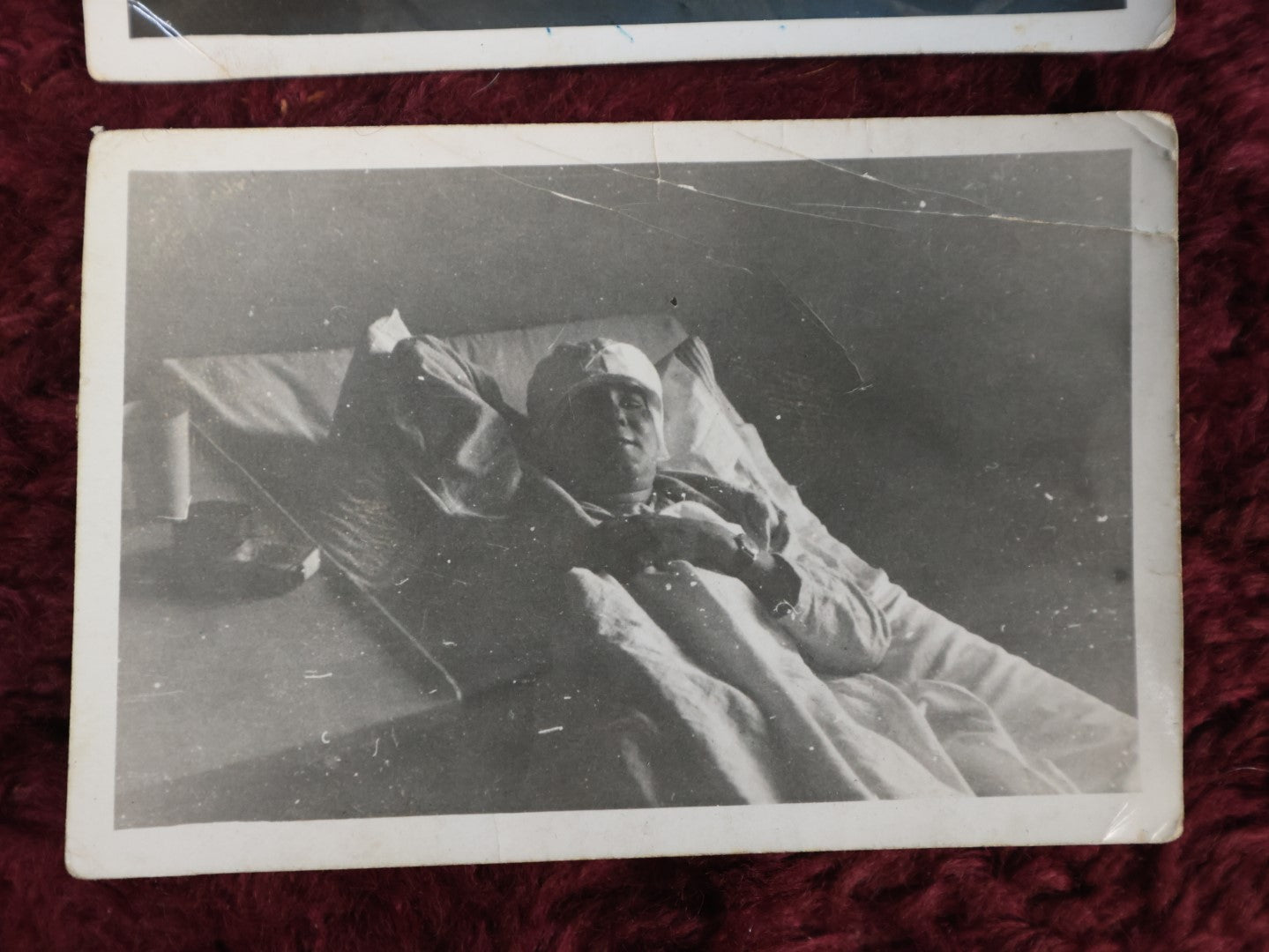 Lot 133 - Pair Of World War 2 Era Vintage Snapshot Photos Of Soldier In Hospital Bed After Jeep Crash, With Story