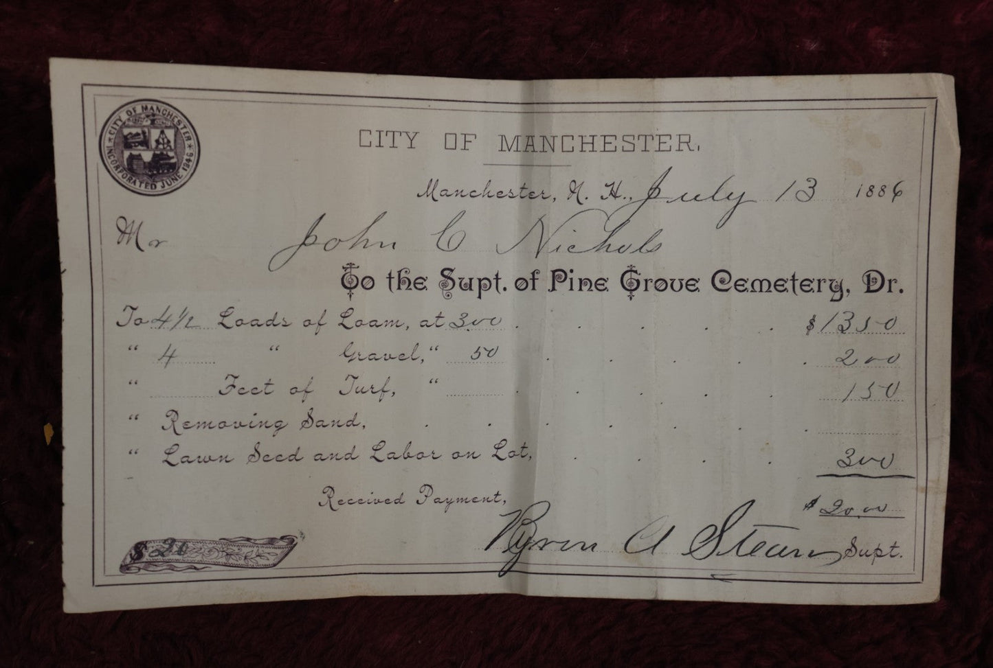 Lot 134 - City Of Manchester, New Hampshire Pine Grove Cemetery Plot Receipt, Dated 1886