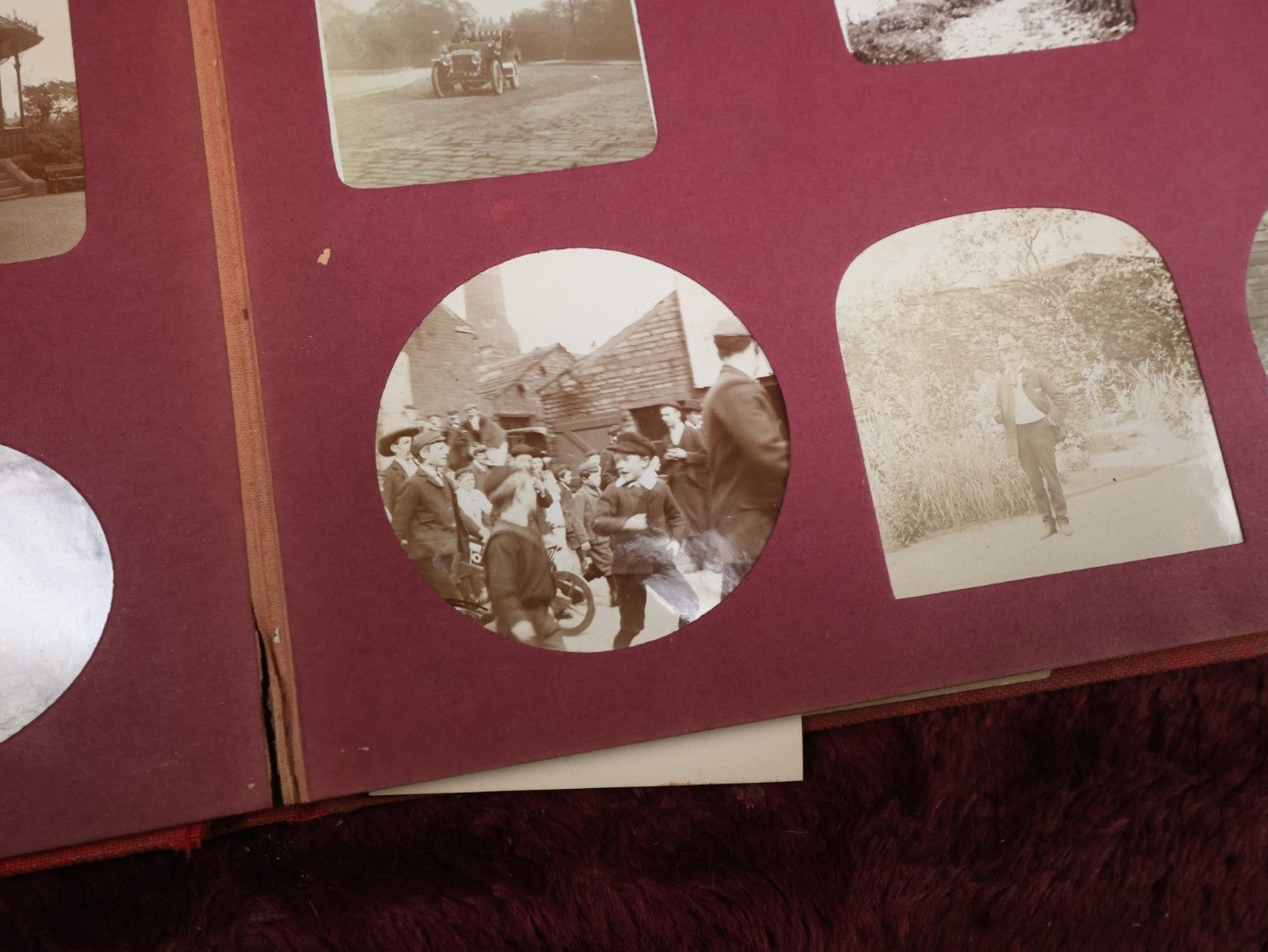 Lot 140 - Antique "Sunny Memories" Red Snap Shot Photo Album, Glossy Photos Of Men And Women At Work And Play, City Streets, And More