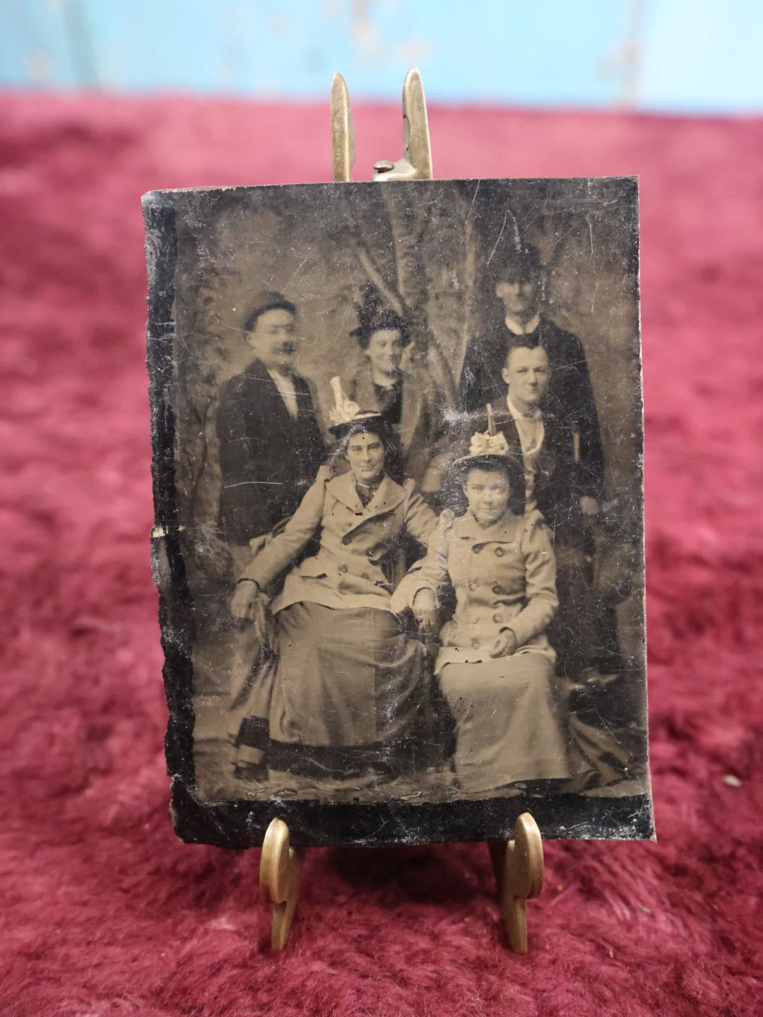 Lot 153 - Single Tintype Photograph, Group Of Six People, Man Out Of Focus, People Smiling