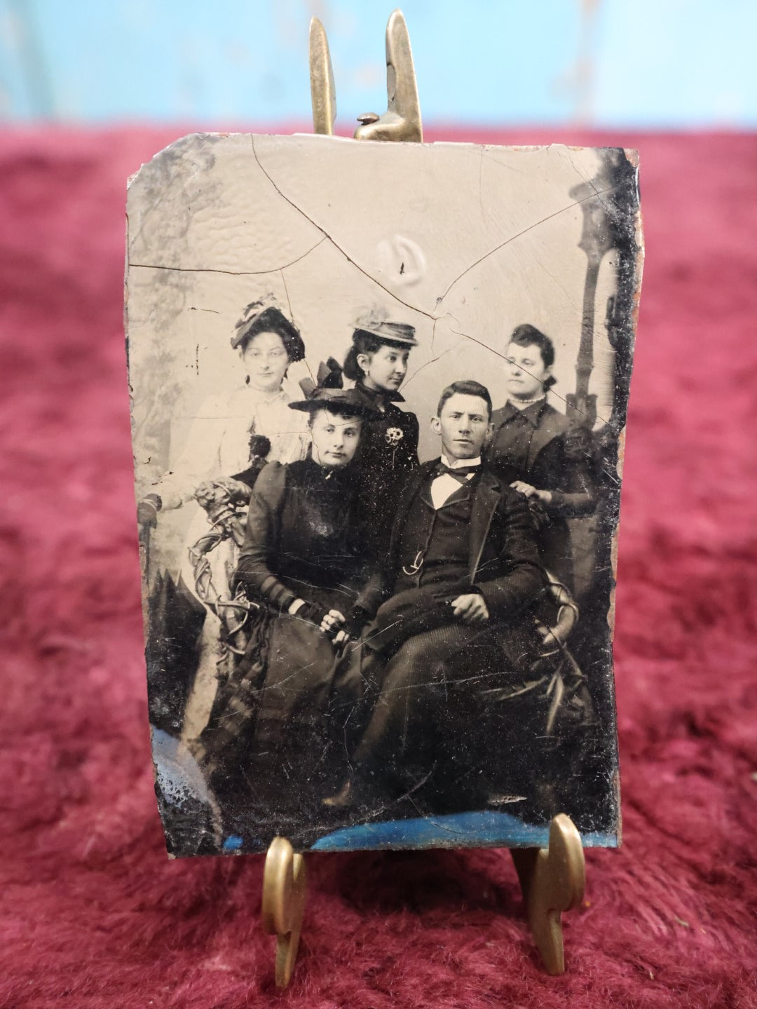 Lot 154 - Single Tintype Photograph, Group Of Five People, Four Women And One Man, Ladies In Hats